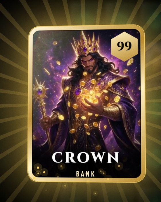 A Legendary Crown card flipped, gold rays and particles