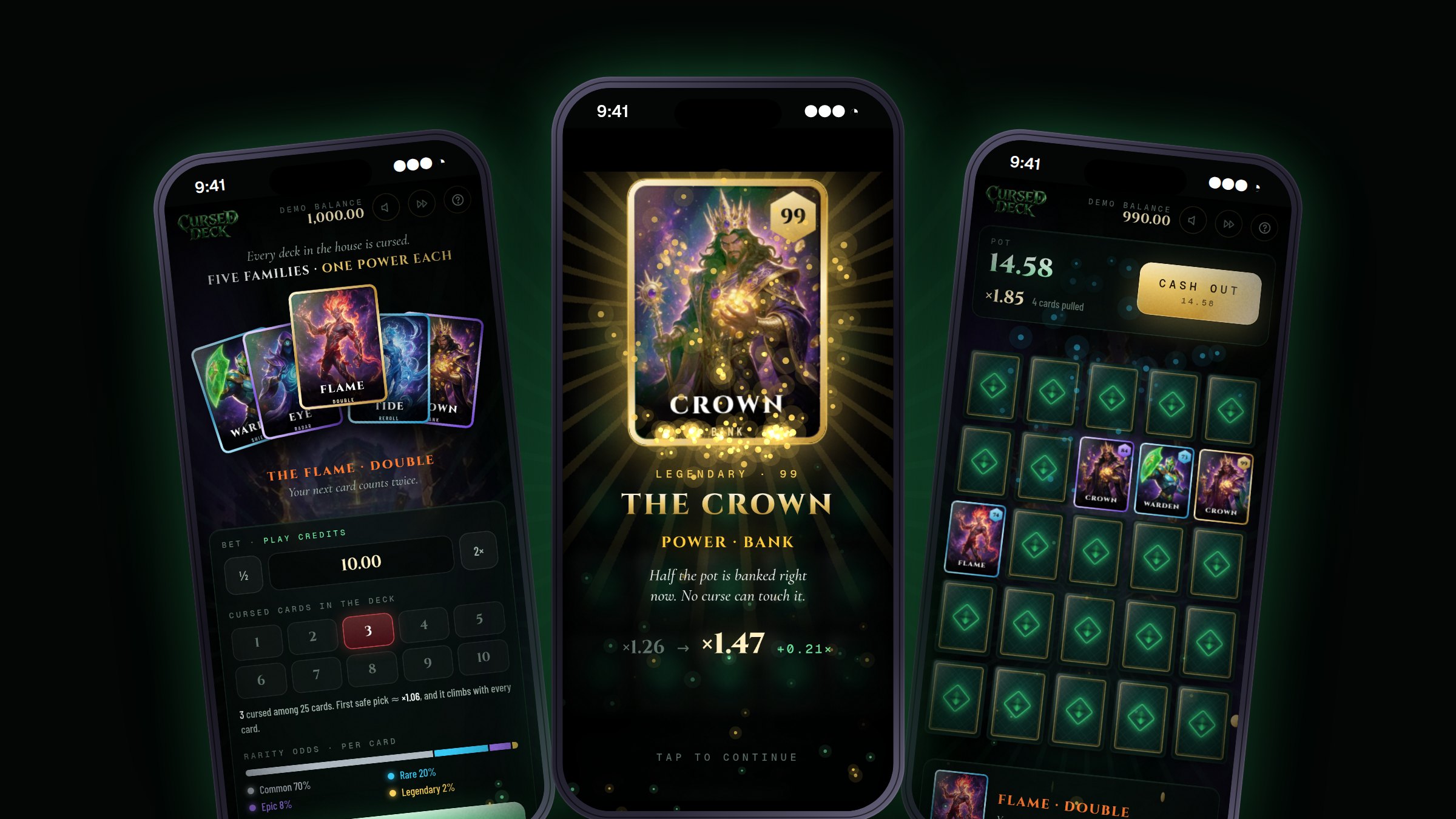 Cursed Deck on three phones: the families, a Legendary reveal and the table mid-run