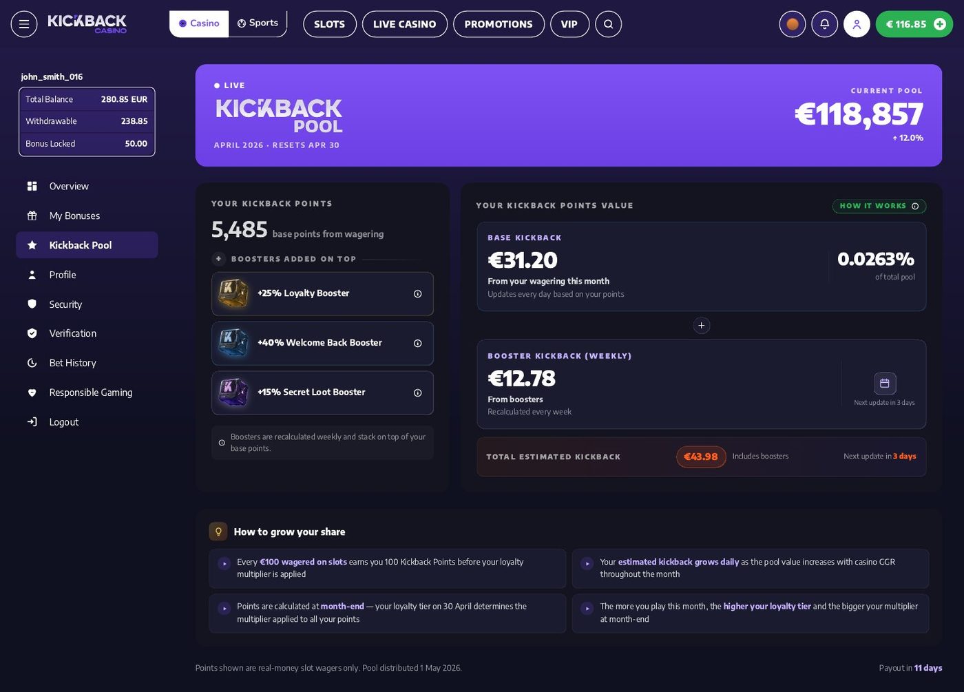 My Account, Kickback Pool tab: points, share value, boosters