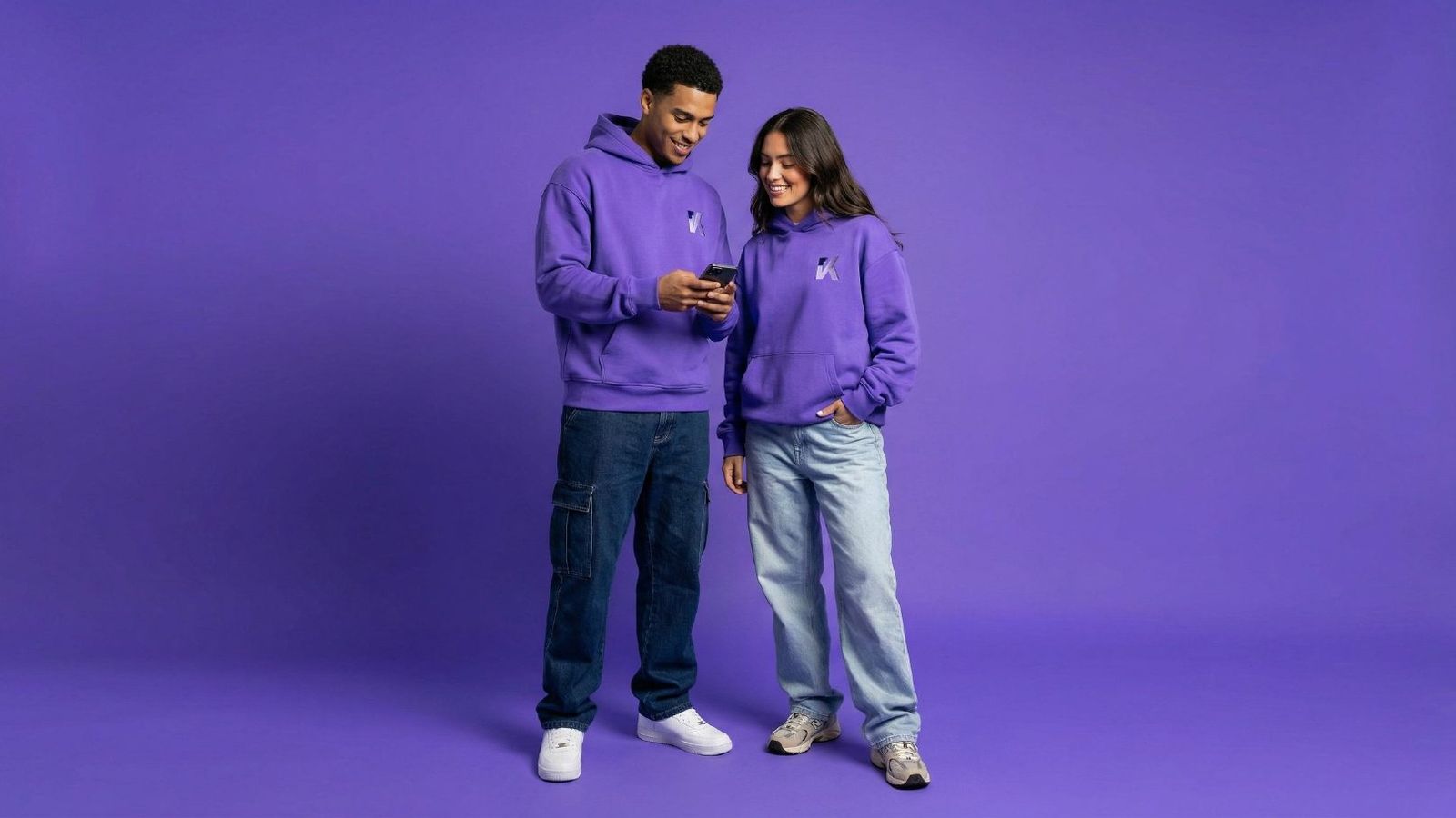 Imagery, couple in branded hoodies