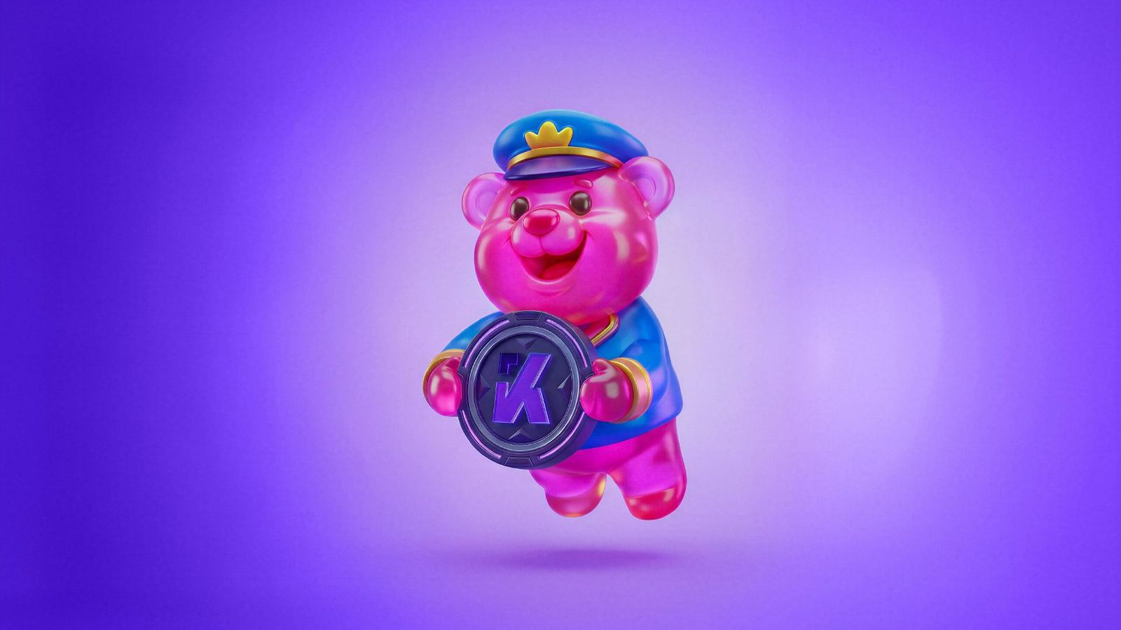 Jelly bear character holding a K coin