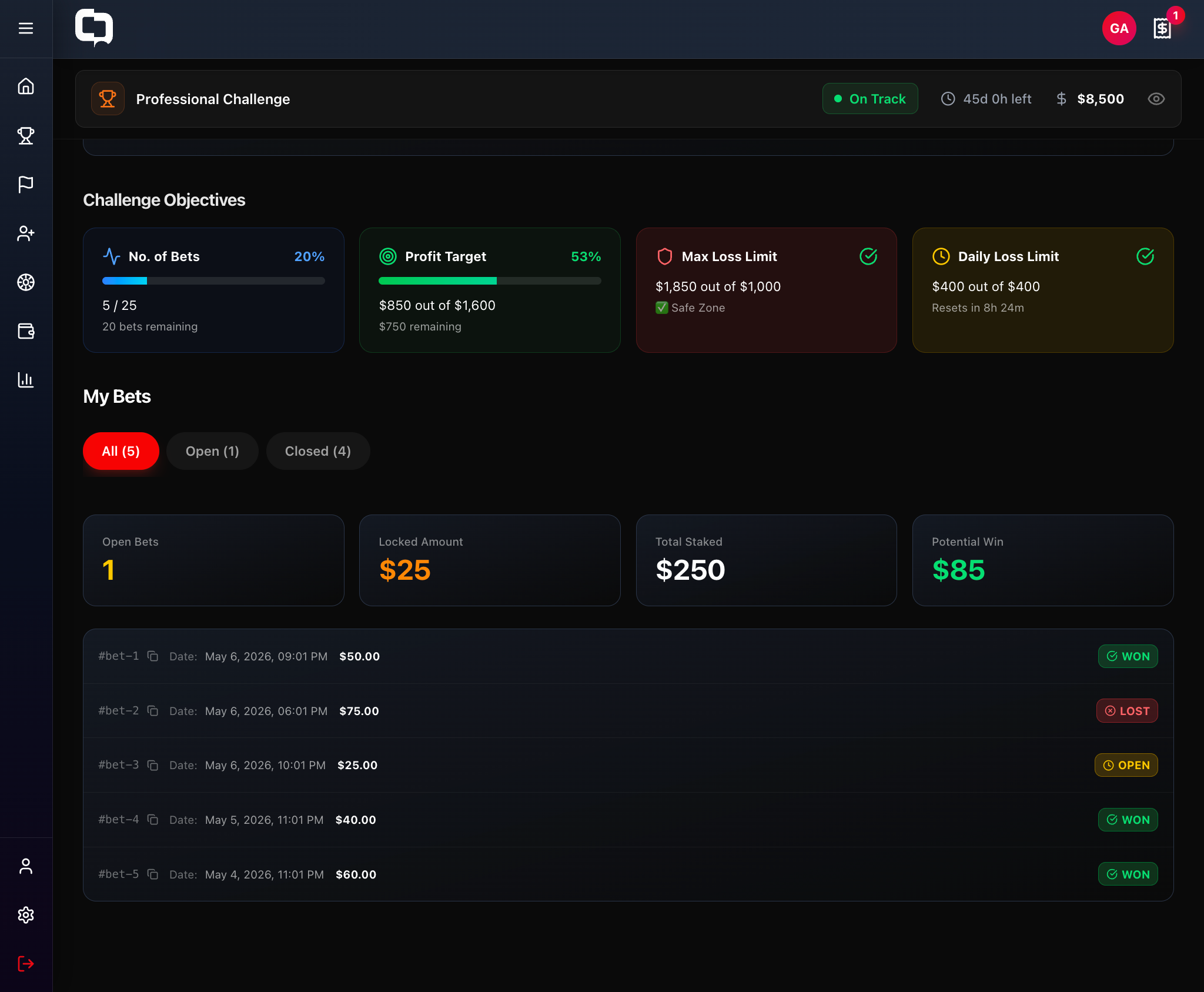 Challenge objectives assistant + bet history